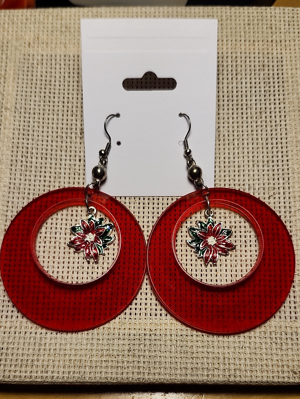Vtg Translucent Red Textured Hoop Earrings w/ Enamel Poinsettia Charms Holiday